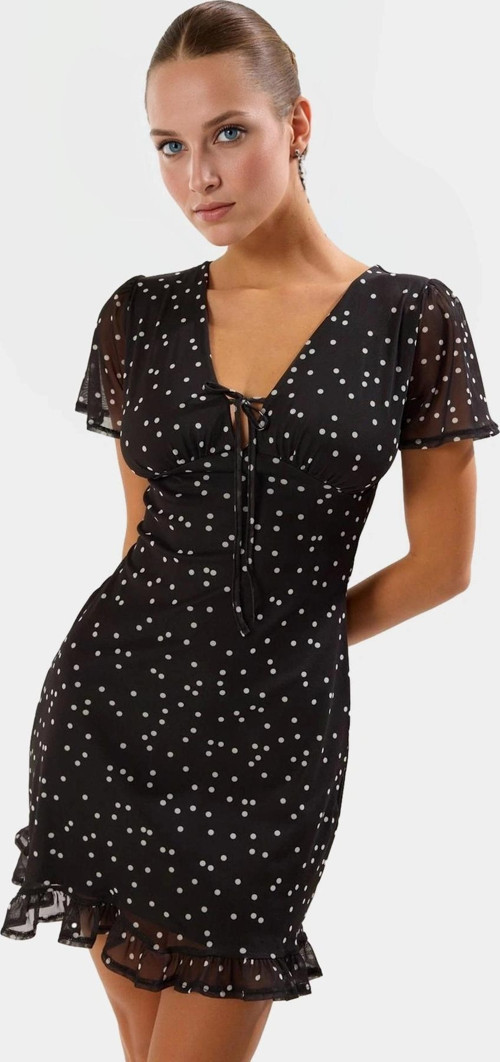 Kısa Kol Bodycon Puantiyeli Mini Tül Elbise Yaz için Yüksek Kalite Premium