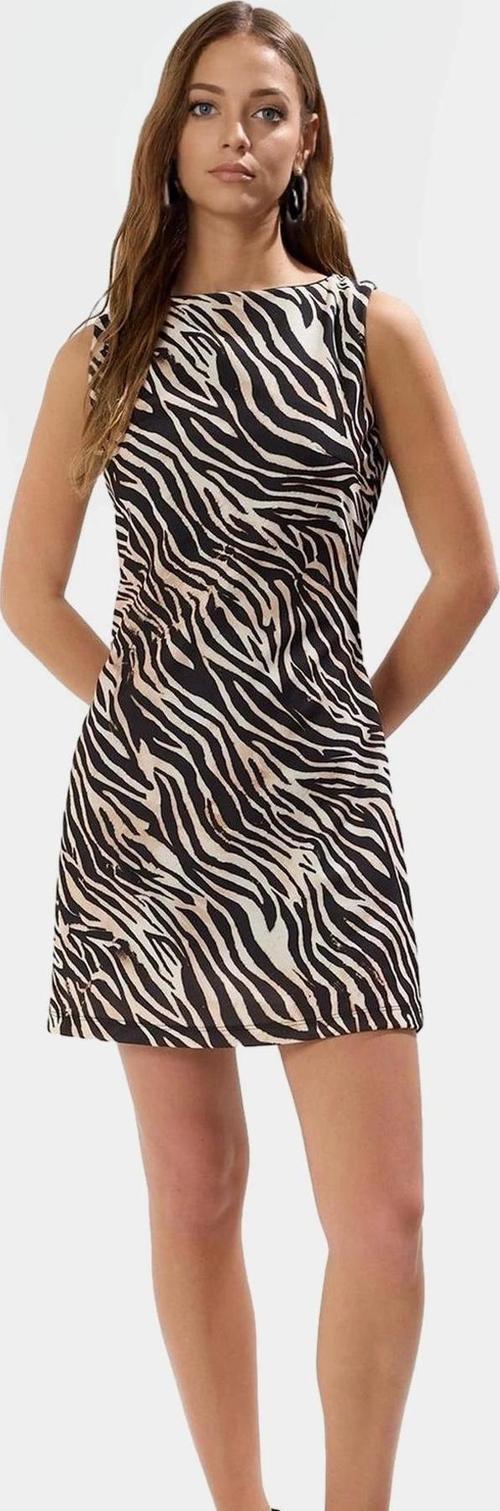 Yazlık Kolsuz Mini Elbise Bodycon Zebra Desenli Krep Kumaş Dayanıklı Malzeme Zarifane Tasarım