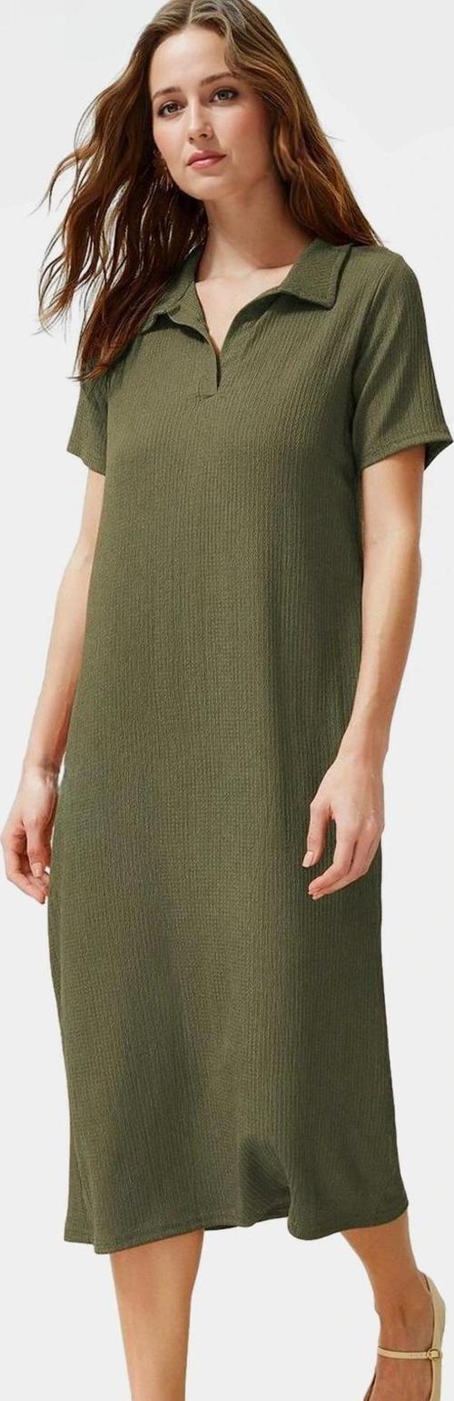 Rahat Kalıp Örme Midi Elbise Yazlık Polyester Kumaş Polo Yaka Kısa Kol Premium Kalite