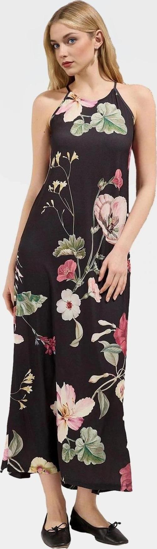 Halter Yaka Maxi Elbise Örme Kumaş Çiçekli Desen Rahat Kalıp Konforlu Kesim Ve Şık