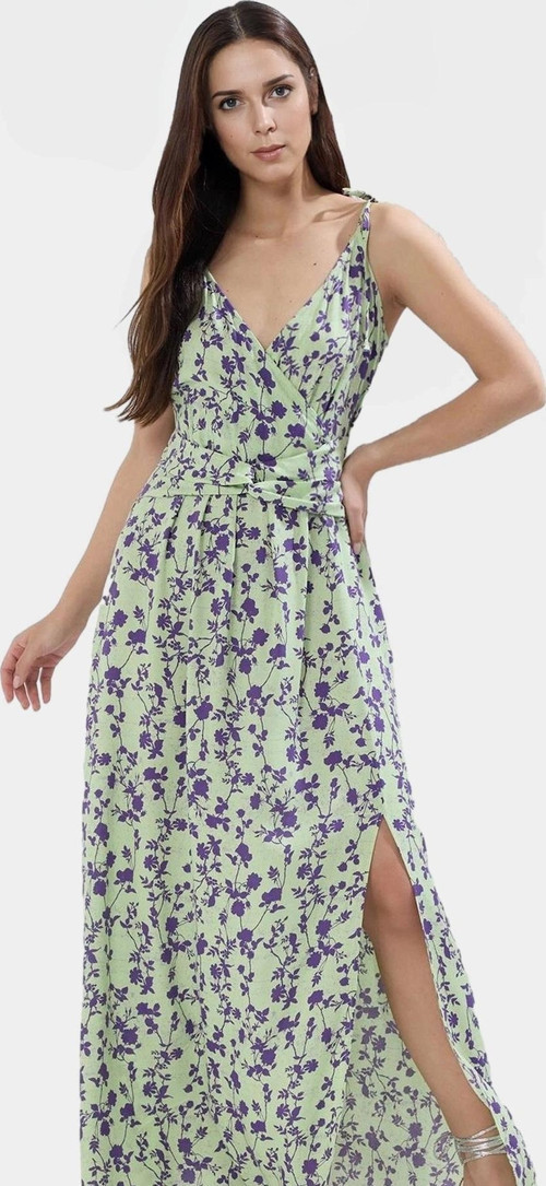 Leopar Desenli Kolsuz Viskoz Maxi Elbise A Line Kesim Yırtmaç Detay Zarifane Tasarım Modern Stil