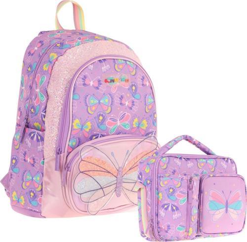 Kids Nakışlı Kelebek Desenli Okul Çantası (L5222) ve Thermo Beslenme Çantası (L7222) Seti - Kız Çocuk