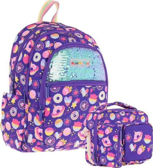 Kids Pullu Şekerleme Desenli, Kız Çocuk Mor Okul Çantası + Beslenme Çantası Seti (L5216+L7216)