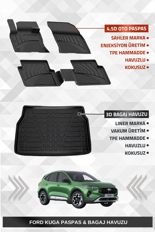 Ford Kuga 2020+ Uyumlu 4.5D Premium Havuzlu Oto Paspas ve Liner Marka 3D Bagaj Havuzu