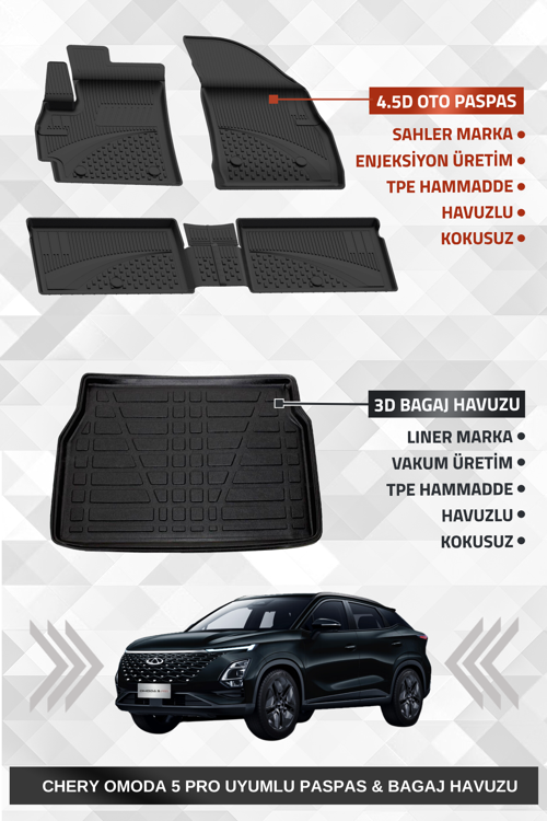 Omoda 5 PRO Uyumlu 4.5D Premium Havuzlu Oto Paspas ve Liner Marka 3D Bagaj Havuzu