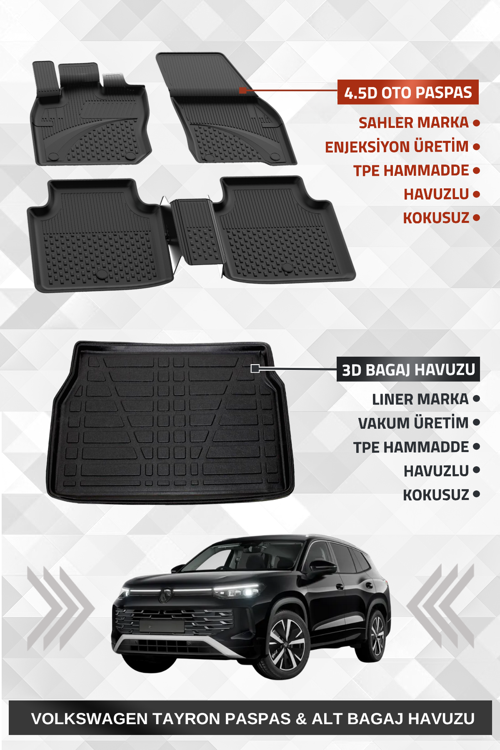 Volkswagen Tayron 2024+ Uyumlu 4.5D Premium Havuzlu Oto Paspas ve Liner Marka 3D ALT Bagaj Havuzu