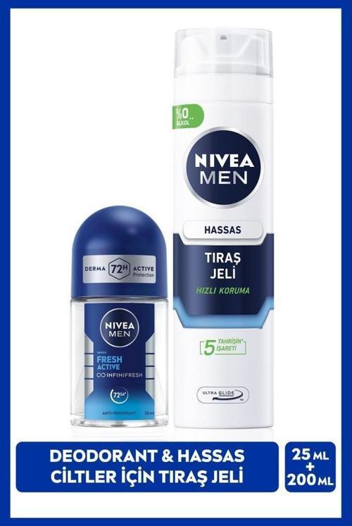 MEN Erkek Hassas Ciltler İçin Koruyucu Tıraş Jeli 200ml ve Mini Roll-on Deodorant Fresh Active 25ml