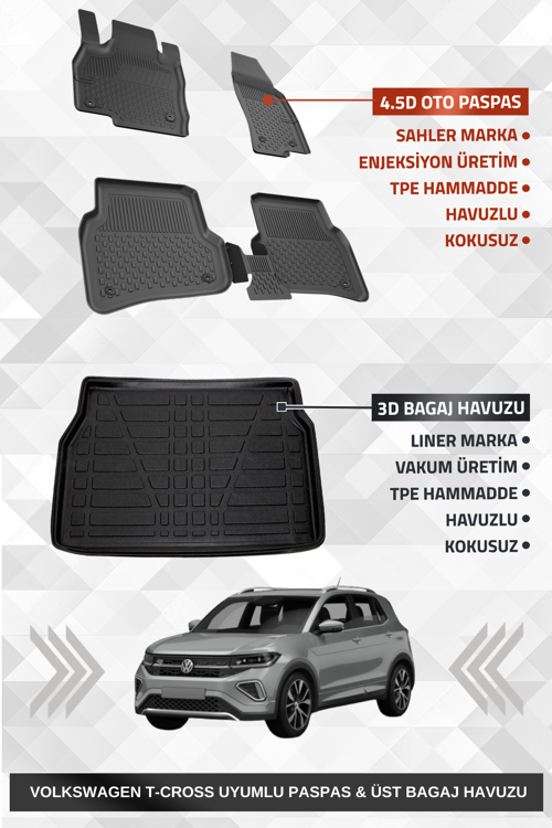 Volskwagen T-Cross 2022+ Uyumlu 4.5D Premium Havuzlu Oto Paspas ve Liner Marka 3D ÜST Bagaj Havuzu
