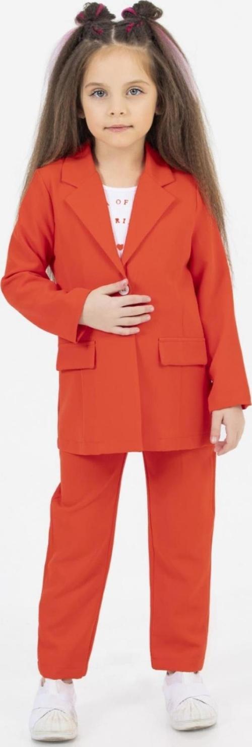 Kız Çocuk Sevimli Baskı Detaylı Fitilli Bluz Kaşkorse Blazer Ceket Turuncu Alt Üst Takım