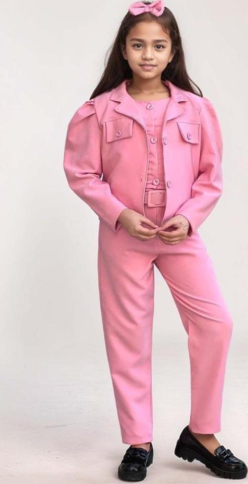 Kız Çocuk Kolsuz Penye Gömlek Cep Detaylı Blazer Ceket Kemerli Pantolon Pembe Alt Üst Takım