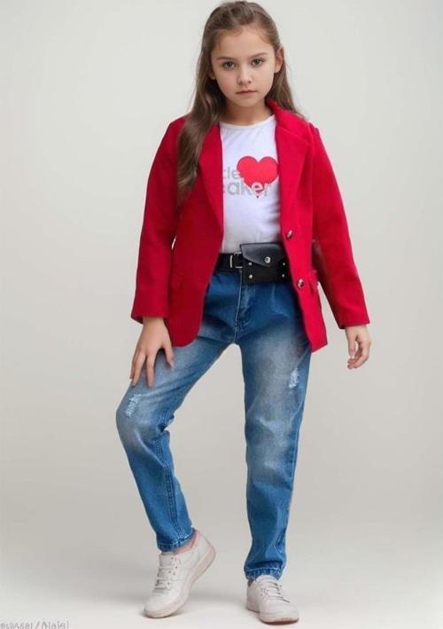Kız Çocuk Kalp ve Little Baskılı Tişört ve Jean Kırmızı Blazer Ceket Alt Üst Takım