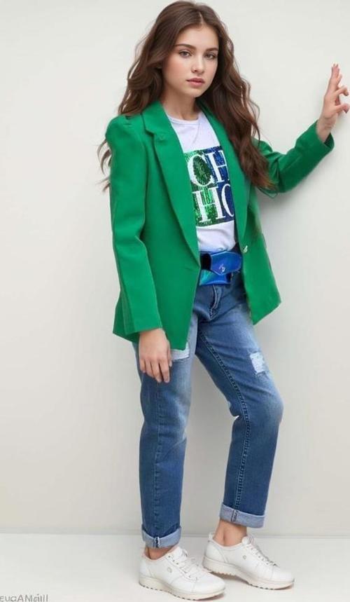 Kız Çocuk Üzeri Harf Pulpayet Tişört ve Jean Yeşil Blazer Ceket Alt Üst Takım