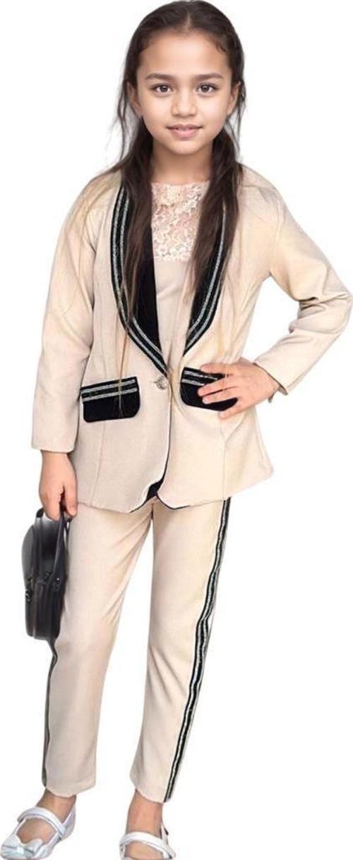 Kız Çocuk Taş İşleme Şal Yaka Blazer Ceket Dantel Detaylı Bluz Şerit Detaylı Krem Alt Üst Takım