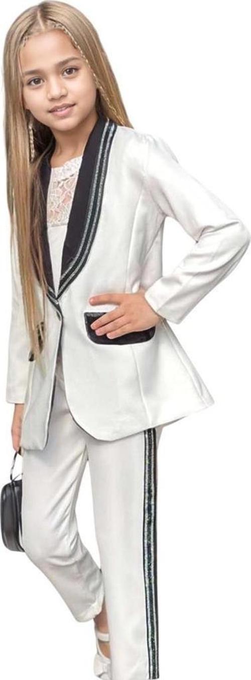 Kız Çocuk Taş İşleme Şal Yaka Blazer Ceket Dantel Detaylı Bluz Şerit Detaylı Beyaz Alt Üst Takım