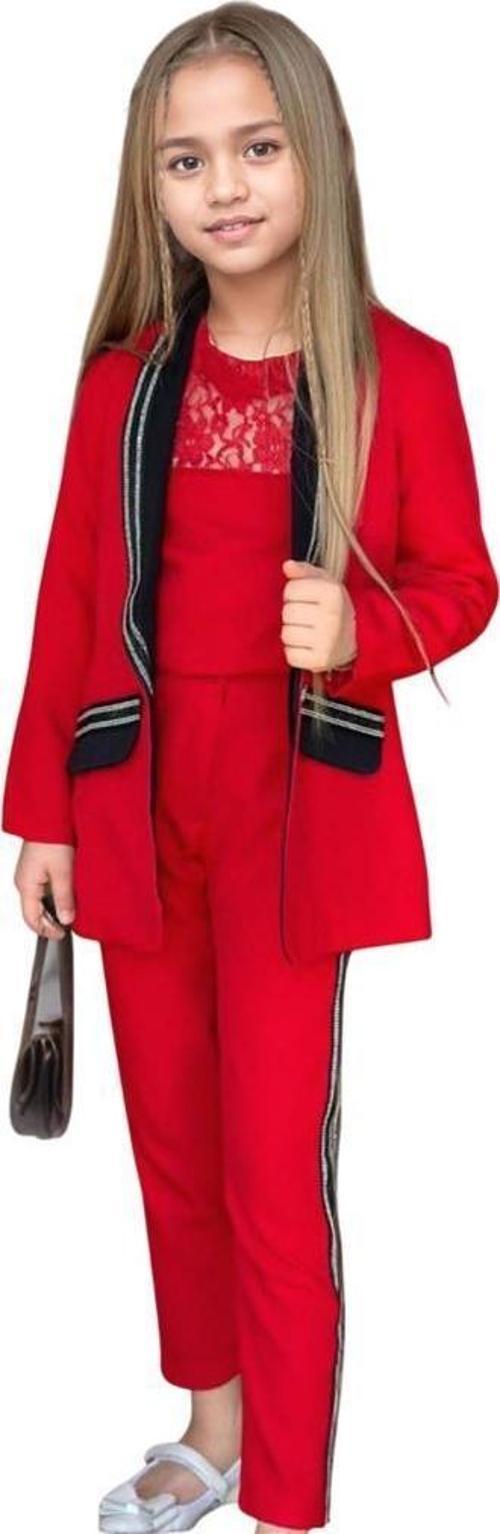 Kız Çocuk Taş İşleme Şal Yaka Blazer Ceket Dantel Detaylı Bluz Şerit Detaylı Kırmızı Alt Üst Takım