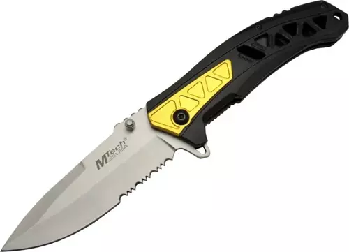 4191 Sarı Kamp Çakı 21cm - Yarı Otomatik, Kemerlikli, Testere Detaylı, Desenli Sap