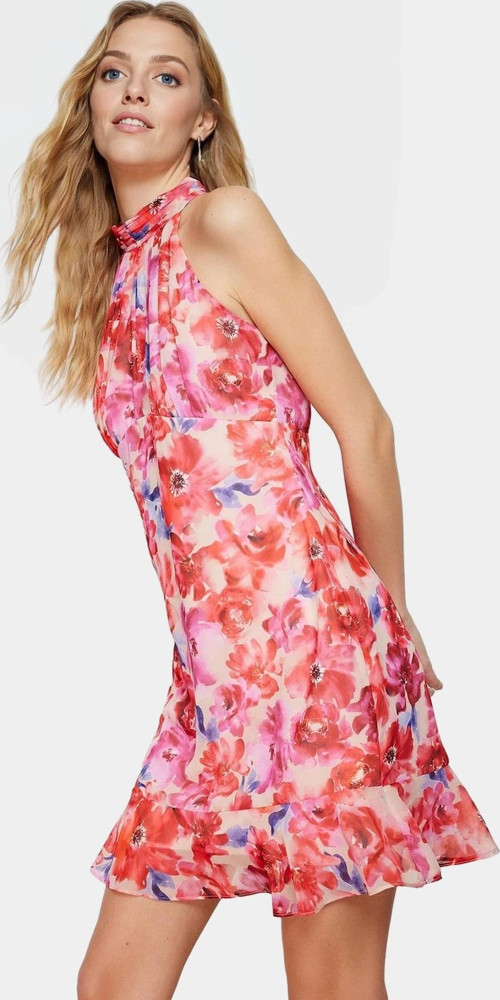 Çiçekli A line Şifon Elbise Halter Yaka Mini Boy Astarlı Konforlu Kesim Modern Stil