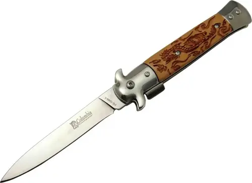 FS 12461 Kahverengi  Çakı 23cm - Ejder İşlemeli Sap, Kemerlikli, Arkadan Tetikli