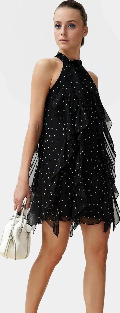 Puantiyeli Mini Elbise Şifon Kumaş Halter Yaka Reglan Kol Rahat Ve Şık Yüksek Kalite