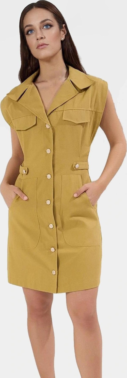 Dokuma Gabardin Mini Elbise Kisa Kol Düğmeli %Pamuk Yazlık Dayanıklı Malzeme