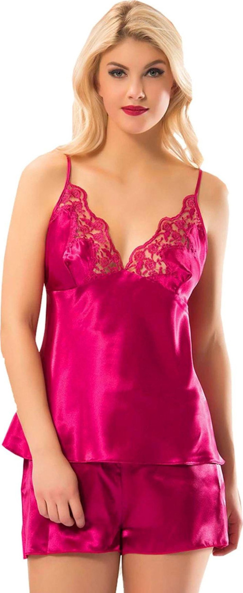 Fuşya Saten Babydoll Şortlu Takım - 297