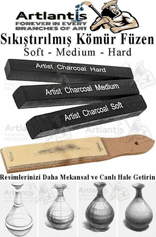 Sıkıştırılmış Kömür Füzen Seti 3 lü ve Zımpara 1 Paket Siyah Kare Press Kömür Füzen Yassı Çizim Gölgelendirme Grafit