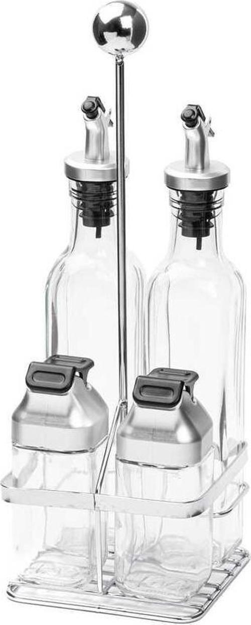 Metal Standlı 4lü Cam Sosluk Seti - Gri Kapaklı 170ml/80ml