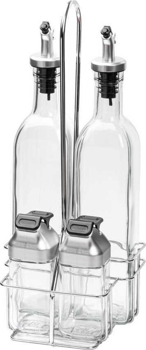 Metal Standlı 4lü Cam Sosluk Seti - Koruma Kapaklı 500ml/100ml