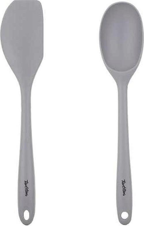 Renkli Silikon Büyük Kaşık Ve Spatula Seti Gri