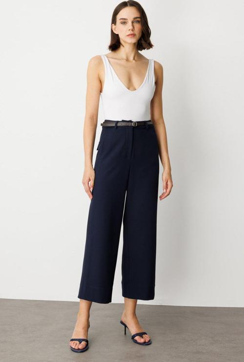 Kadın Beli Kemerli Bol Paça Pantolon 2150 Lacivert