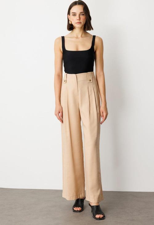 Kadın Pileli Geniş Paça Pantolon 2104 Kum