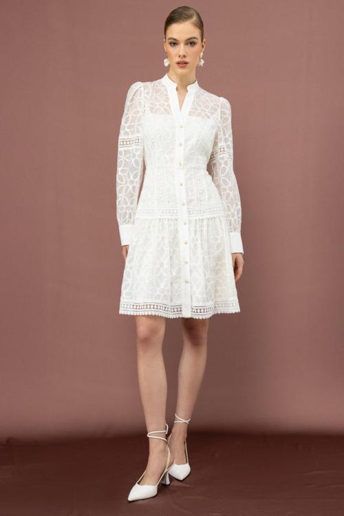 Kadın Çiçek Nakışlı Düğmeli Elbise 5008 Ekru