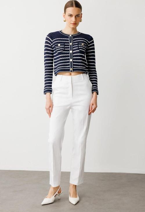 Kadın Yüksek Bel Detaylı Pamuklu Pantolon 2060 Ekru