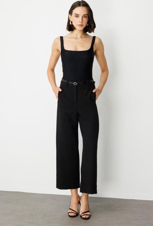 Kadın Beli Kemerli Bol Paça Pantolon 2150 Siyah