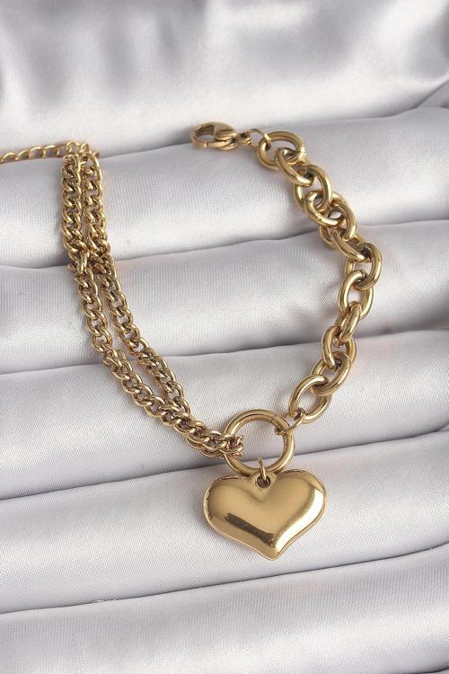 Çelik Gold Renk 2'Li Zincir Model Kalp Figür Kadın Bileklik