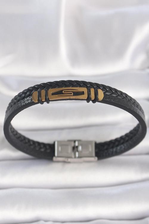 Bakımlı Erkek için Golden Çelik Çift Siyah Burgu Desen Deri Kordon Bileklik