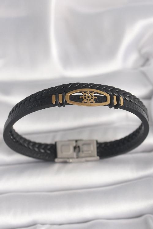 Bakımlı Erkek için Golden Çelik Dümen Siyah Çift Burgu Deri Kordon Bileklik