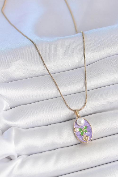 Zarif Kadın için Golden Çelik Zincir Mor Mine Oval İnci Çiçek Portre Kolye