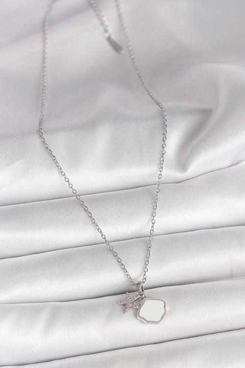 Zarif Kadın için Silver Çelik Beyaz Mine Deniz Kabuğu Yıldız Zirkon Kolye