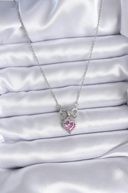 Zarif Kadın için Silver Çelik Zincir Pembe Kristal Kalp Zirkonlu Kurdele Kolye