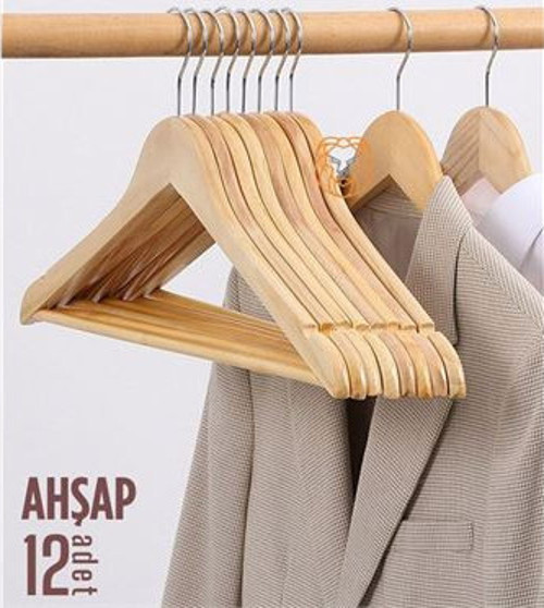 Natural Ahşap Elbise Askısı 12 Adet