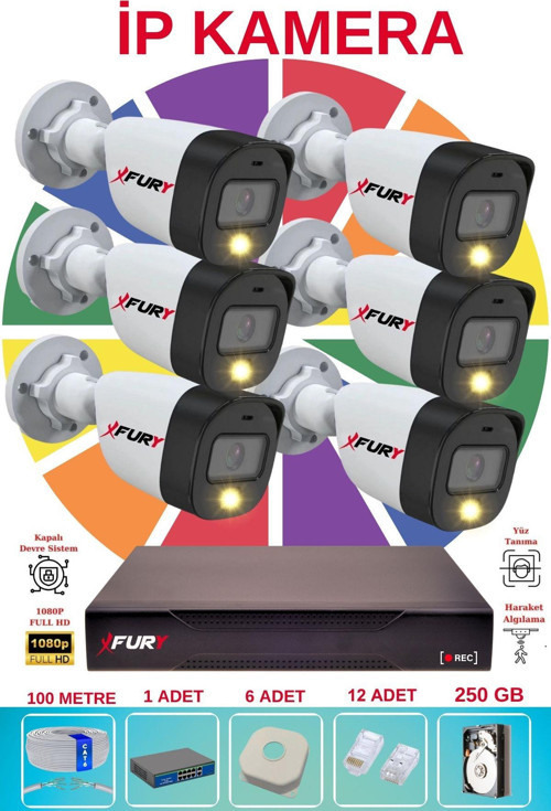 6 lı Ip Güvenlik Kamera Seti Sesli 4mp Gece Renkli Su Geçirmez 5515s 250GB