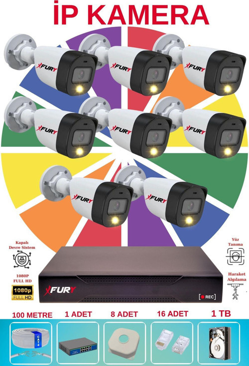 8 li Ip Güvenlik Kamera Seti Sesli 4mp Gece Renkli Su Geçirmez 5515s 1TB