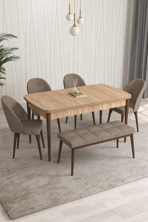 Milano Serisi 80x132 Açılabilir MDF Atlantik Çam Mutfak Masa Takımı 4 Sandalye 1 Bench