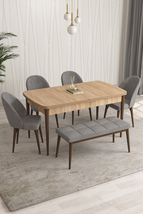 Milano Serisi 80x132 Açılabilir MDF Atlantik Çam Mutfak Masa Takımı 4 Sandalye 1 Bench
