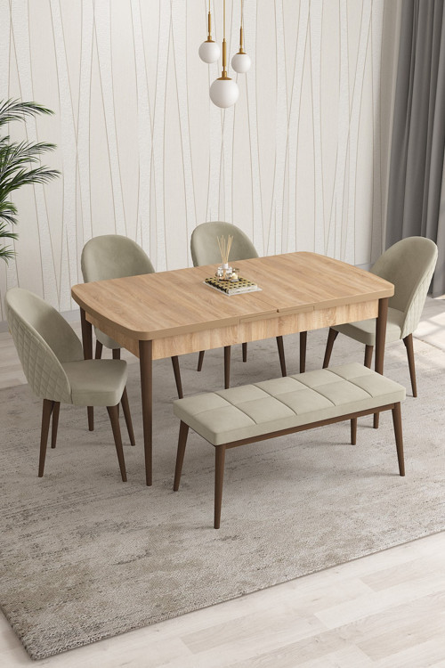 Milano Serisi 80x132 Açılabilir MDF Atlantik Çam Mutfak Masa Takımı 4 Sandalye 1 Bench