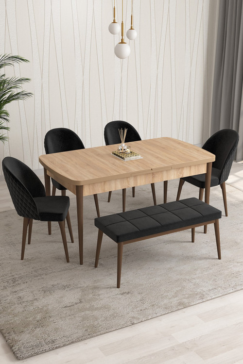 Milano Serisi 80x132 Açılabilir MDF Atlantik Çam Mutfak Masa Takımı 4 Sandalye 1 Bench