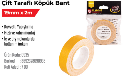 Çift Taraflı Köpük Bant 19mm x 2m 1 adet