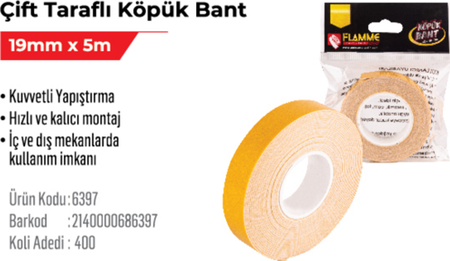 Çift Taraflı Köpük Bant 19mm x 5m 3 adet