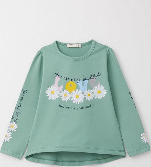 Kız Çocuk Uzun Kollu Tişört Renkli Yazı Baskılı Çiçekli 3-8 Yaş, Mint Yeşili